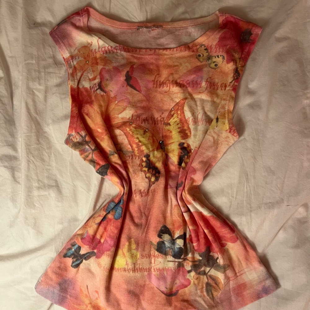Vintage Butterfly Print Sequined Top